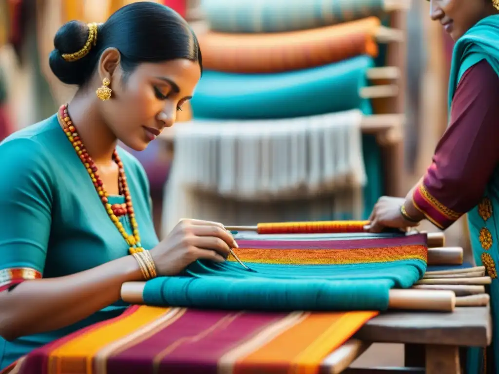 Manos expertas tejiendo textiles coloridos en mercado vibrante, reflejando el empoderamiento económico comunidades artesanas