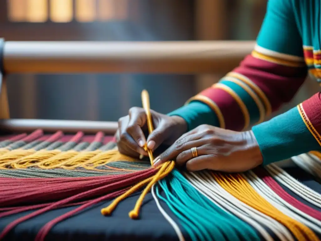 Manos expertas tejiendo textiles indígenas, preservando identidad cultural con patrones vibrantes