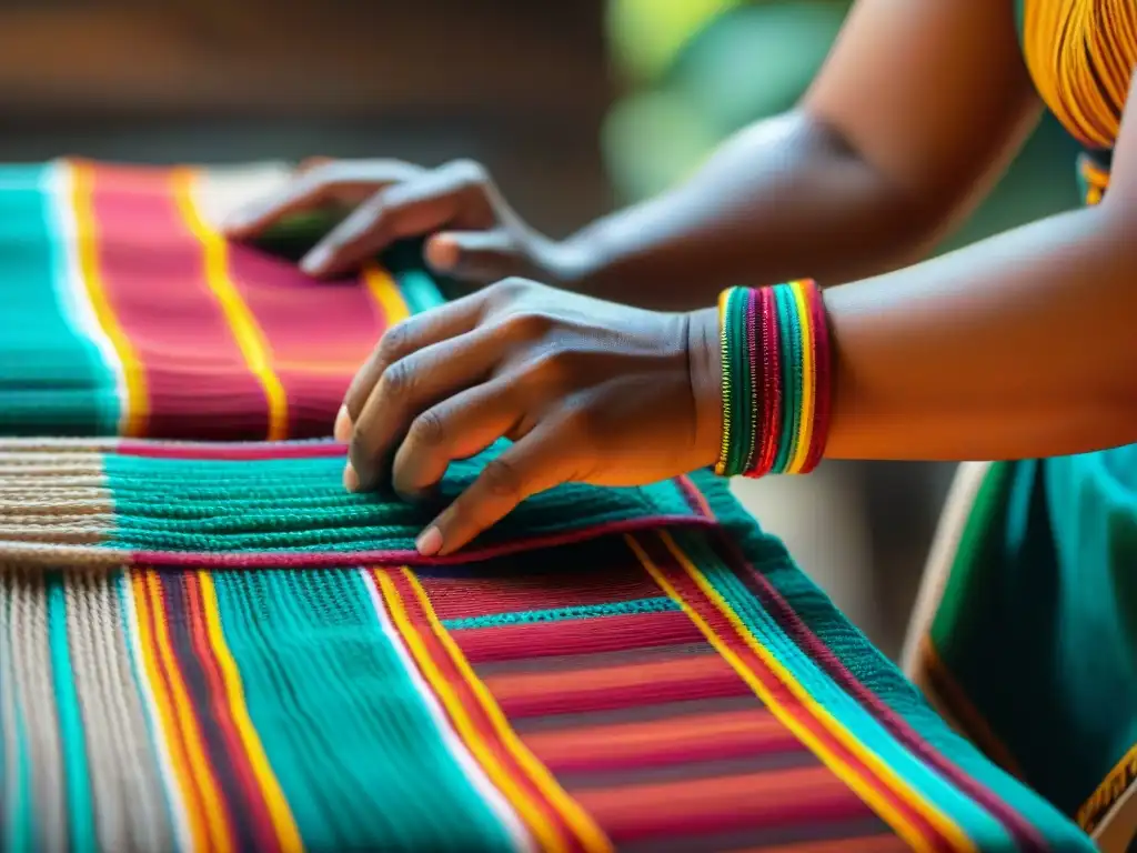 Manos expertas tejen textiles mayas con patrones e colores vibrantes, reflejando la cultura e historia de las culturas indígenas