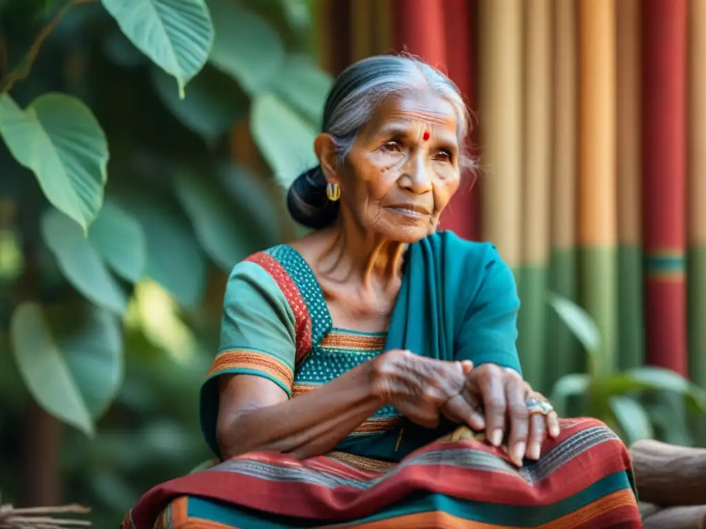 Manos expertas tejen textiles tradicionales frente a exuberante vegetación, reflejando resistencia y riqueza cultural en medio de la discriminación lingüística en culturas indígenas