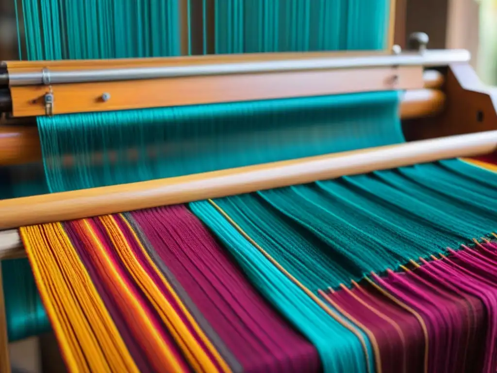 Manos expertas tejiendo un vibrante textil indígena en telar tradicional, simbolismo tejidos indígenas Américas