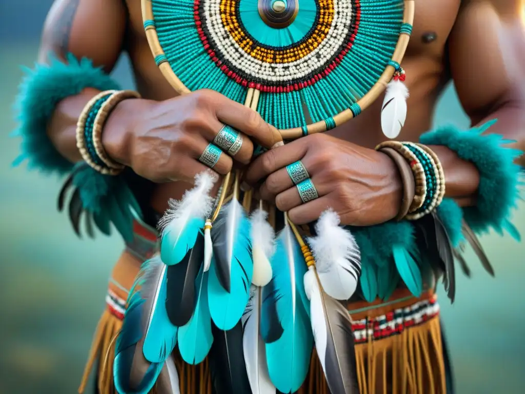 Las manos de un guerrero nativo con abanico de plumas, anillos de plata y turquesa, evocando desarrollo personal en tradición nativa