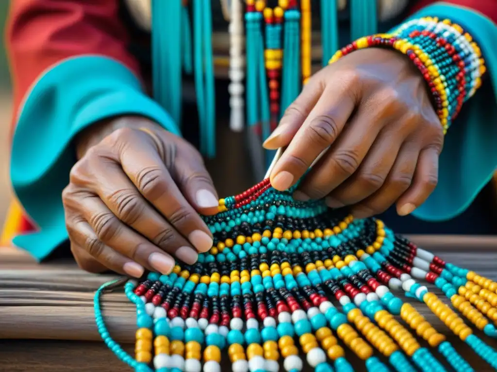 Manos de guerrero nativo entrelazando cuentas en arte tradicional