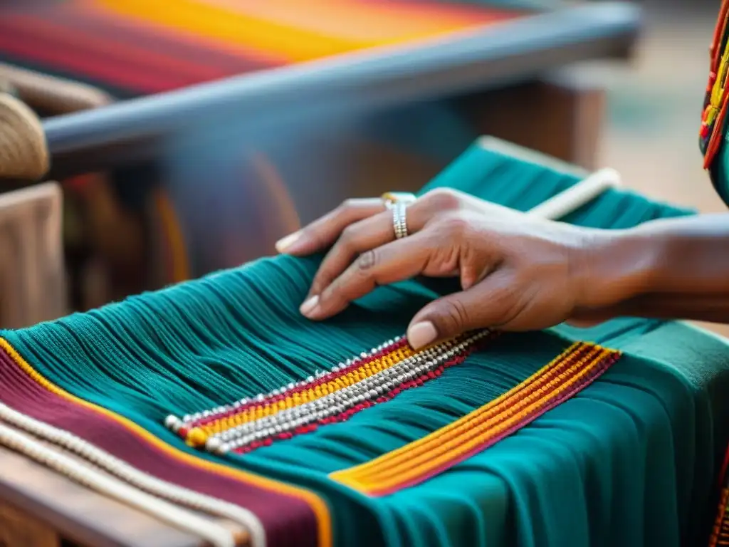 Las manos de un hábil artesano indígena tejiendo patrones en un colorido accesorio tradicional, símbolos de lucha cultural