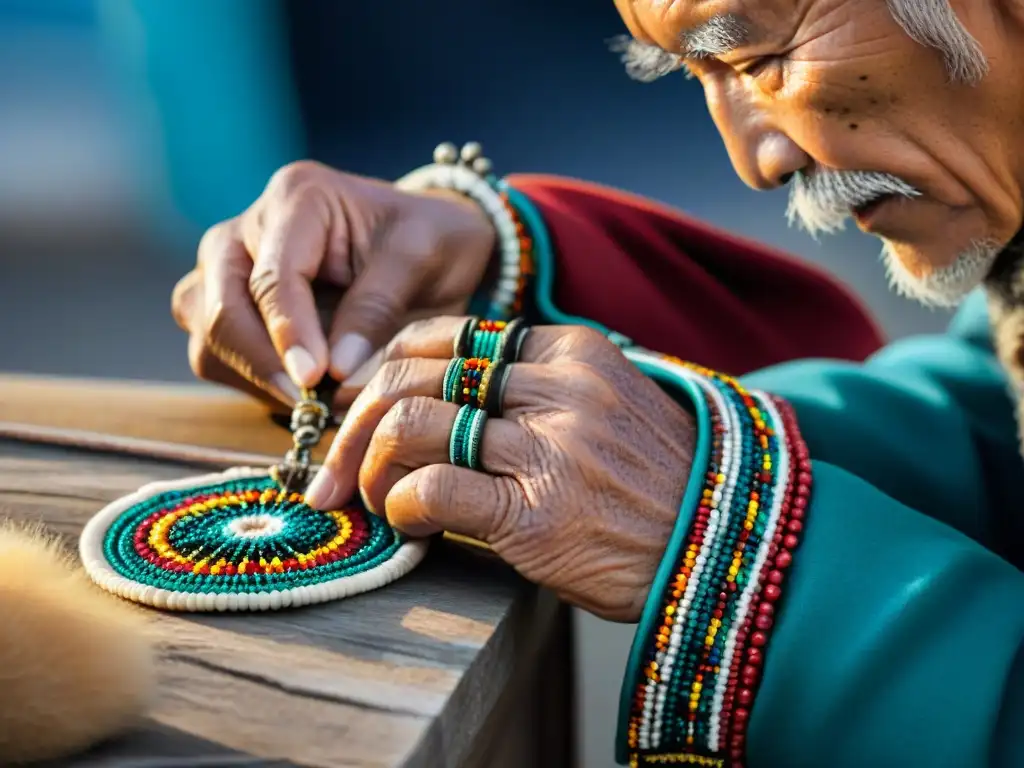 Manos hábiles de anciano inuit tejiendo brazaletes, transmitiendo significados ocultos