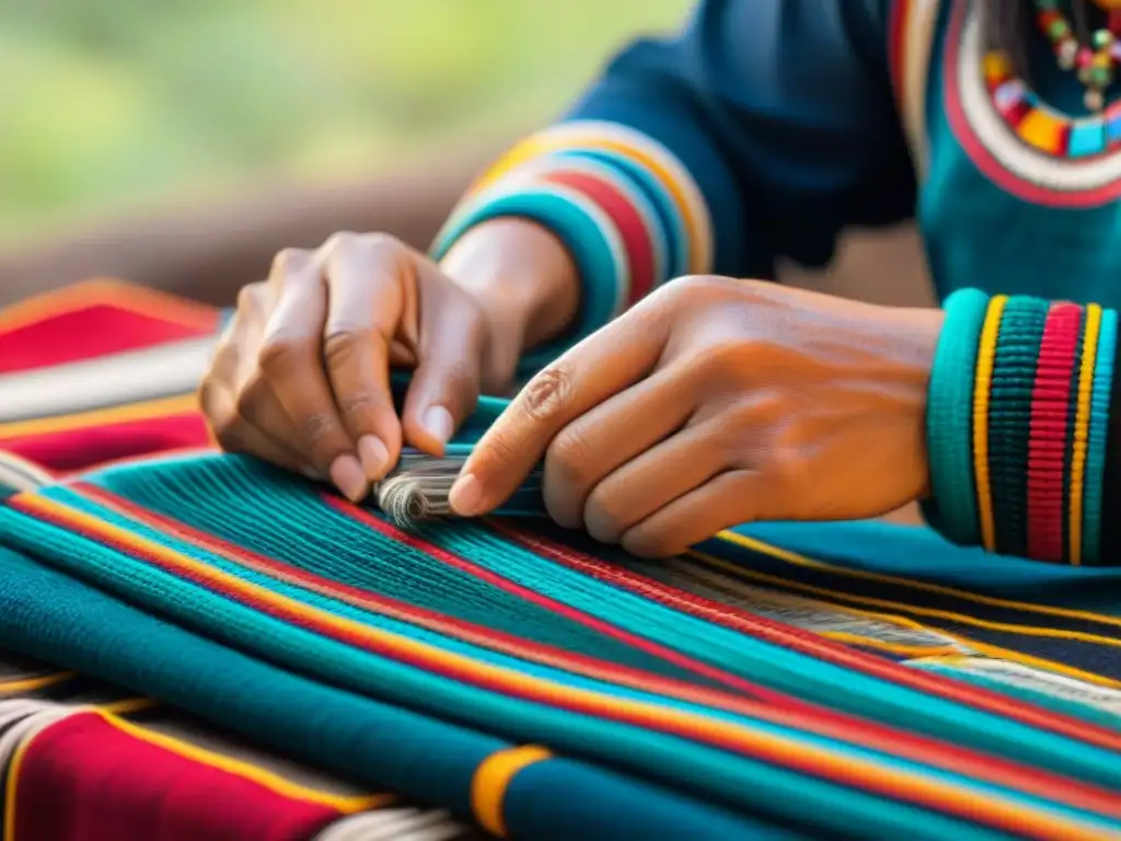 Manos hábiles de artesana mapuche tejiendo coloridos textiles tradicionales, reflejando el arte comunicativo ancestral mapuche virtual