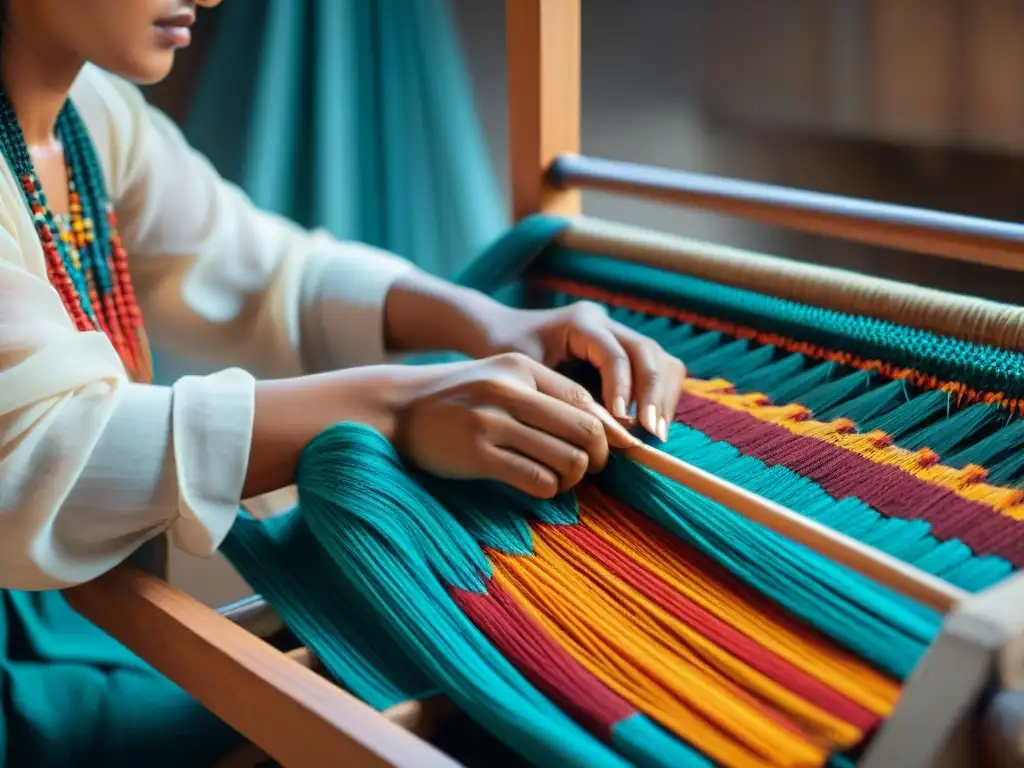 Manos hábiles de artesano indígena tejiendo hilos vibrantes en telar tradicional, fusionando innovación y tradición en textiles