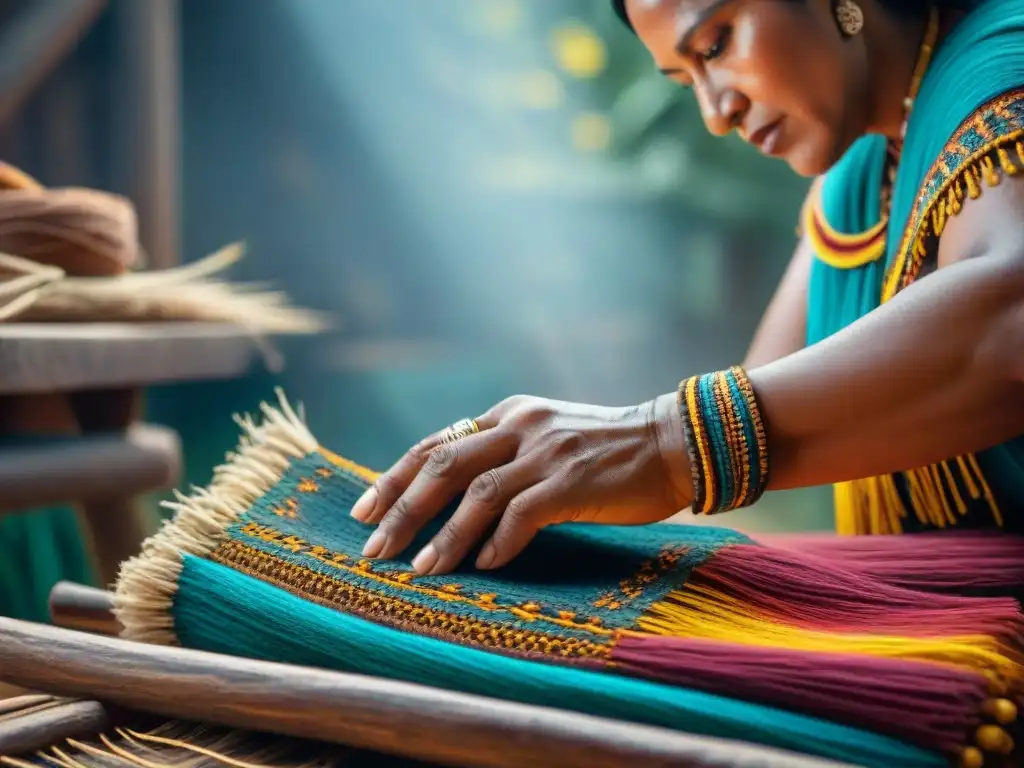 Manos hábiles de artesano indígena tejiendo con fibras naturales, en una obra de arte tradicional