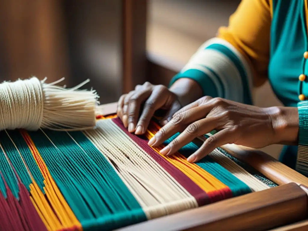 Las manos hábiles de un artesano indígena tejiendo con destreza, preservando técnicas de tejido de culturas indígenas