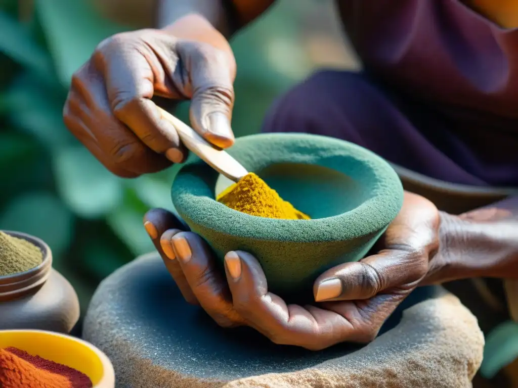 Manos hábiles de artesano indígena moliendo pigmentos naturales en metate de piedra, conectando con la tierra y la tradición