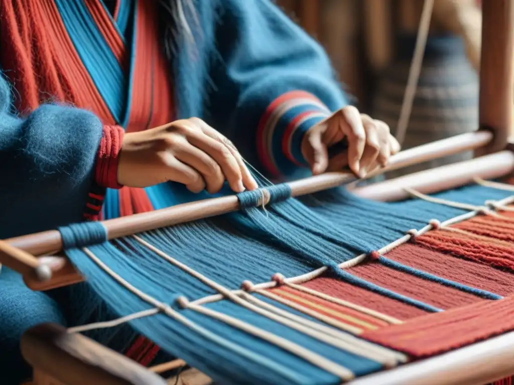 Manos hábiles tejen hilos rojos y azules en telar de madera, destacando la artesanía de los textiles mapuches accesorios tradicionales