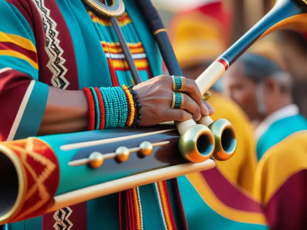 Manos hábiles de músico indígena tocando instrumento de viento tradicional con tallados y patrones coloridos, en comunidad vibrante