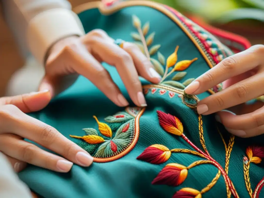 Manos hábiles bordando patrón indígena en tela, detalle y tradición en el taller de bordado