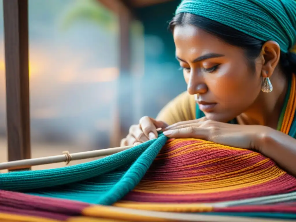 Manos hábiles tejen patrones tradicionales en textil indígena, preservación lenguas indígenas contemporáneas