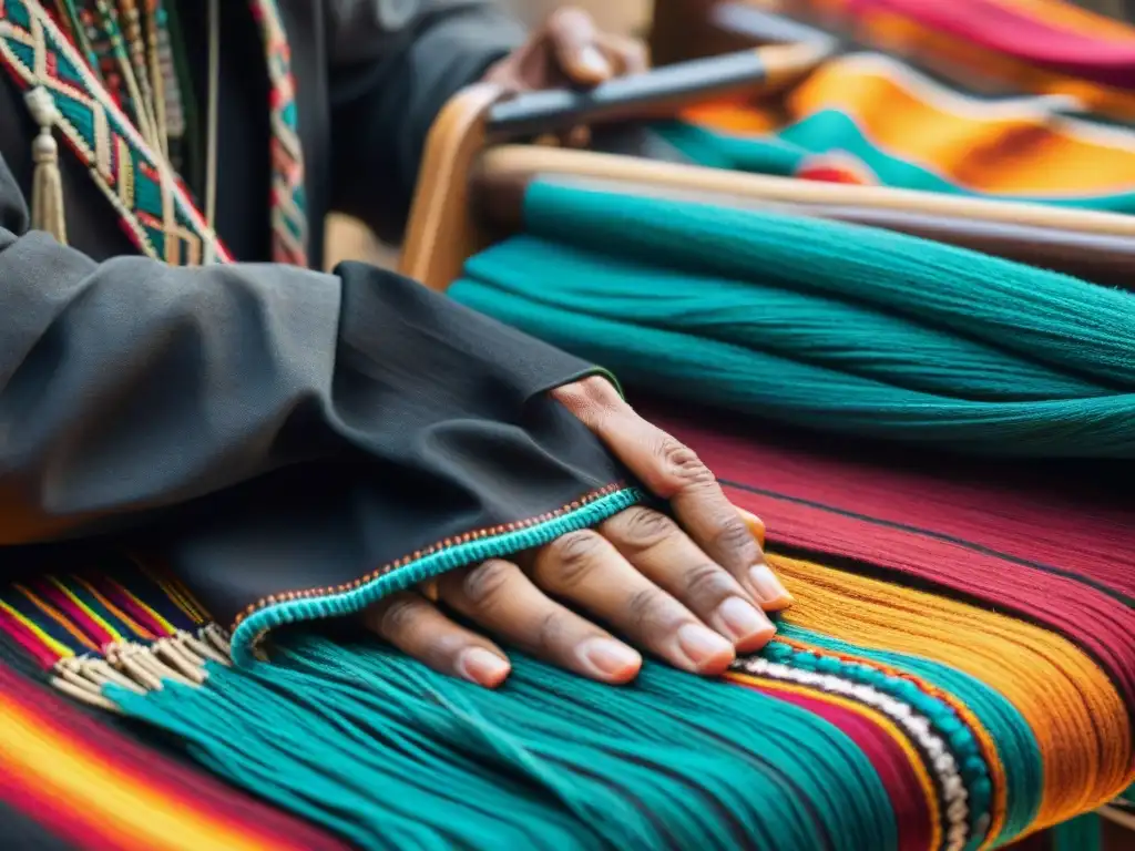 Las manos hábiles de un rebelde zapatista tejiendo patrones tradicionales en un telar, simbolizando la riqueza cultural de México