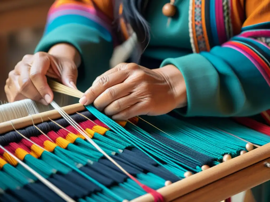 Arte ancestral: Tejido Mapuche en detalle Manos hábiles preservando técnicas textiles Mapuche en un telar tradicional de madera, reflejando la rica herencia y artesanía