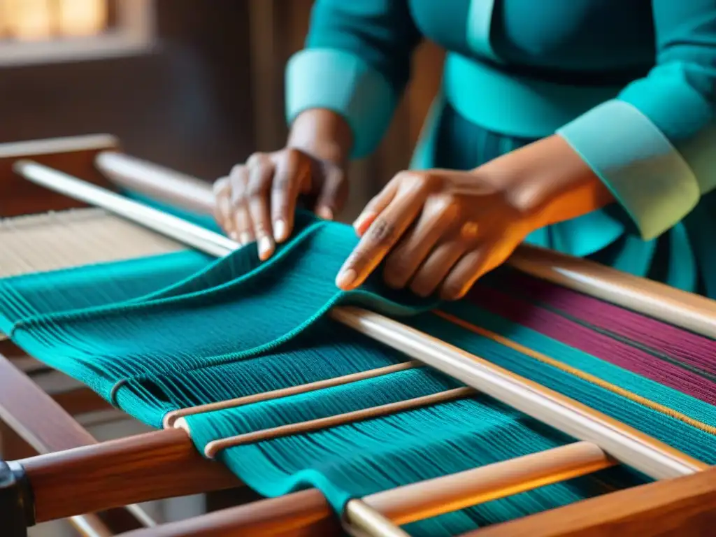 Manos hábiles tejen textiles indígenas en telar de madera, resaltando colores y patrones