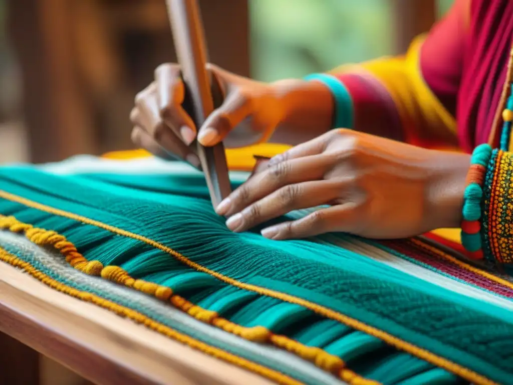 Manos habilidosas tejiendo patrones tradicionales en textil colorido, destacando la artesanía indígena de las Américas