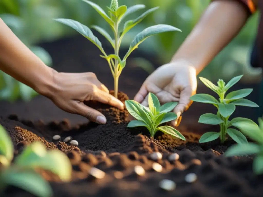 Unas manos habilidosas siembran semillas de plantas medicinales indígenas en tierra oscura y fértil