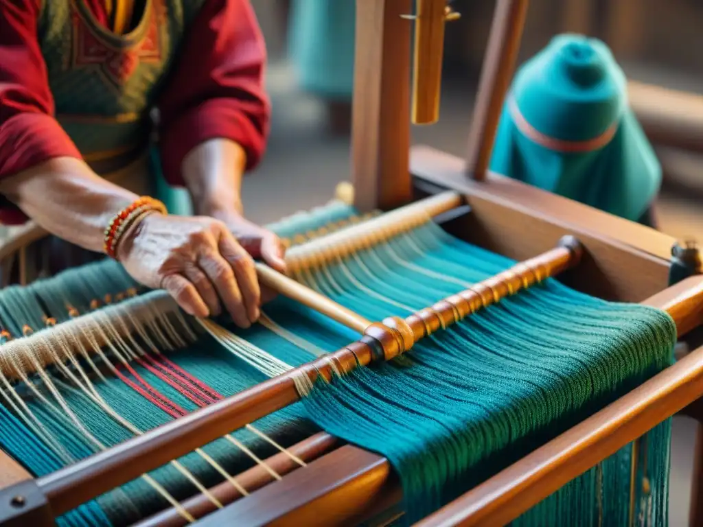 Manos habilidosas tejiendo en telar tradicional, preservando técnicas ancestrales con colores vibrantes