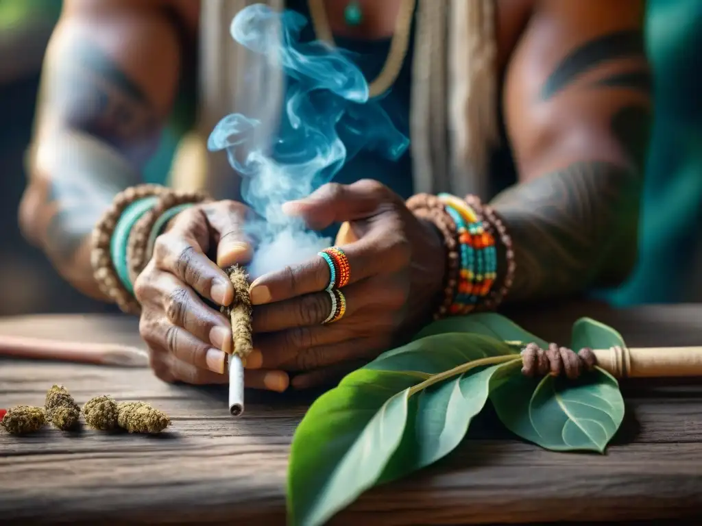 Manos de chamán indígena enrollando tabaco sagrado en ritual espiritual, con tatuajes tribales y pulseras coloridas