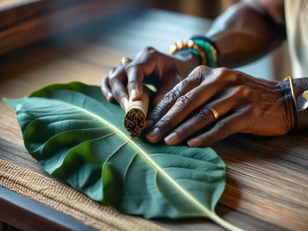 Manos de chamán indígena enrollando tabaco sagrado en ritual ancestral