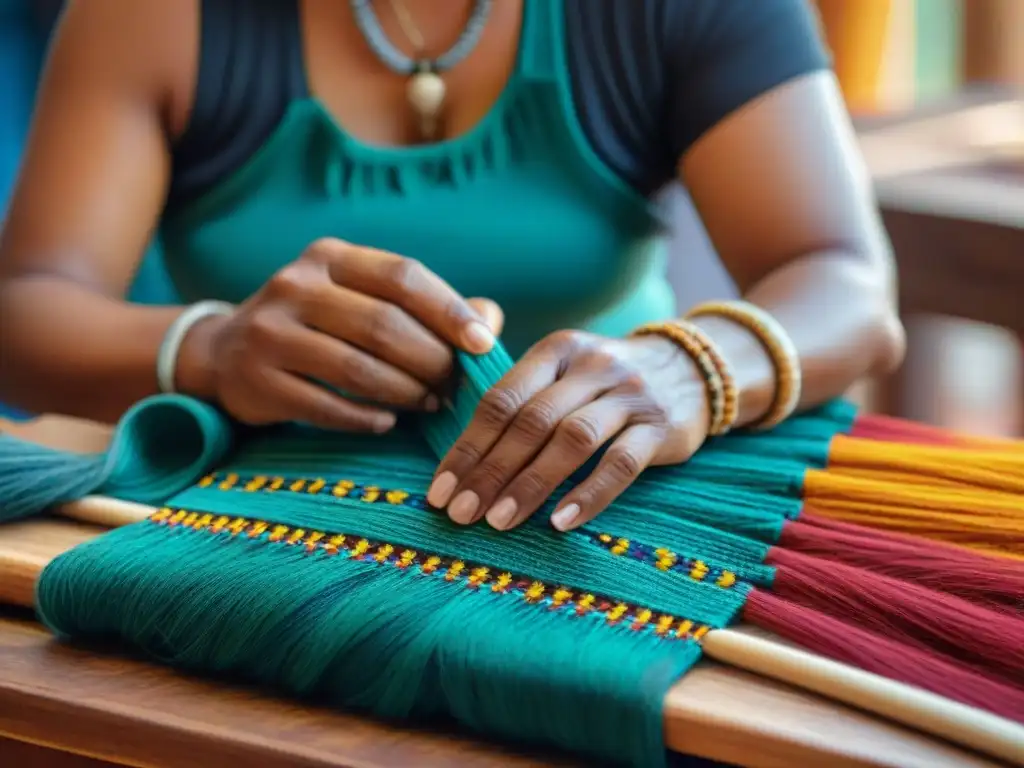 Manos indígenas tejiendo accesorios, símbolos de lucha y orgullo cultural