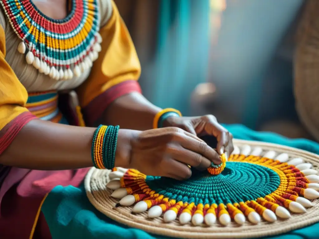 Manos indígenas tejiendo accesorios tradicionales con hilos vibrantes sobre piedras y conchas