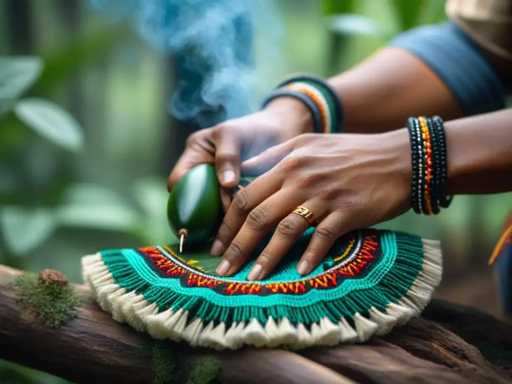 Manos indígenas crean artesanía con patrones vibrantes, en simbiosis con la naturaleza