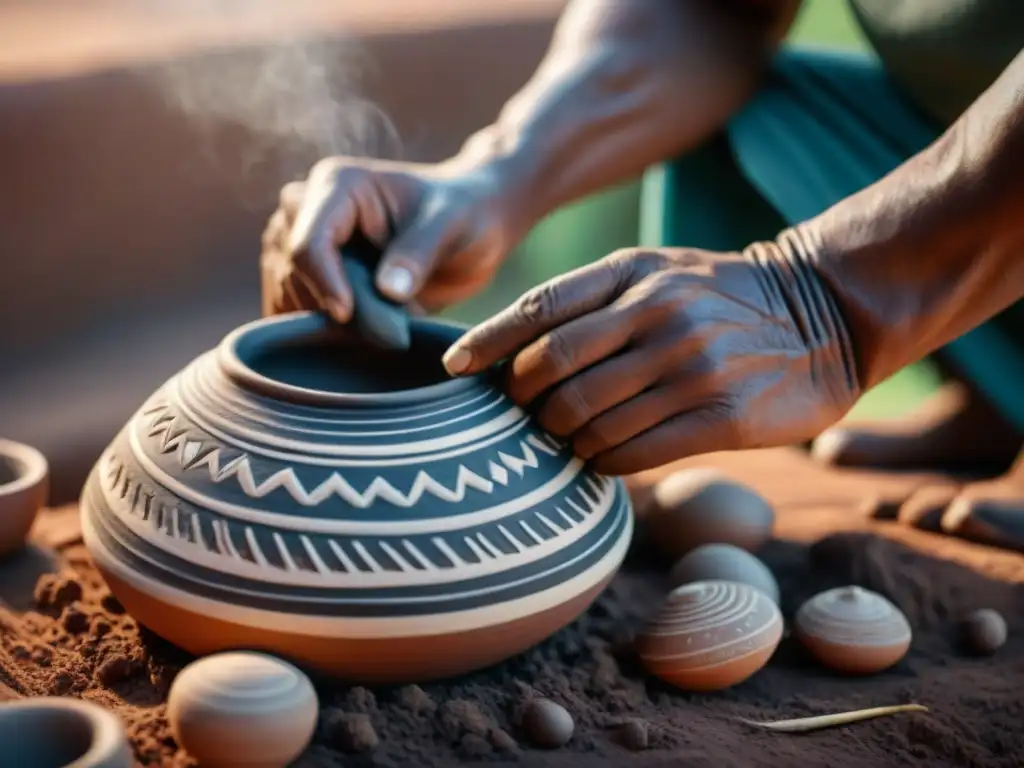 Manos indígenas moldeando cerámica auténtica, reflejando la artesanía ancestral