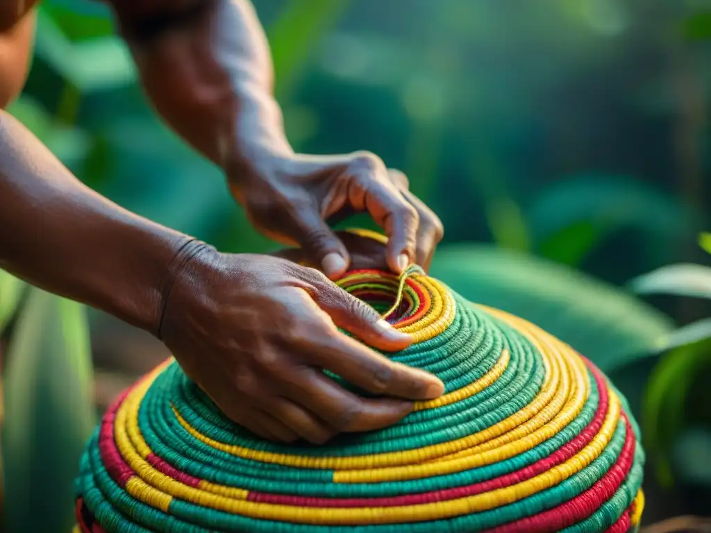 Manos indígenas tejiendo una cesta amazónica, mostrando la artesanía y cultura de la región