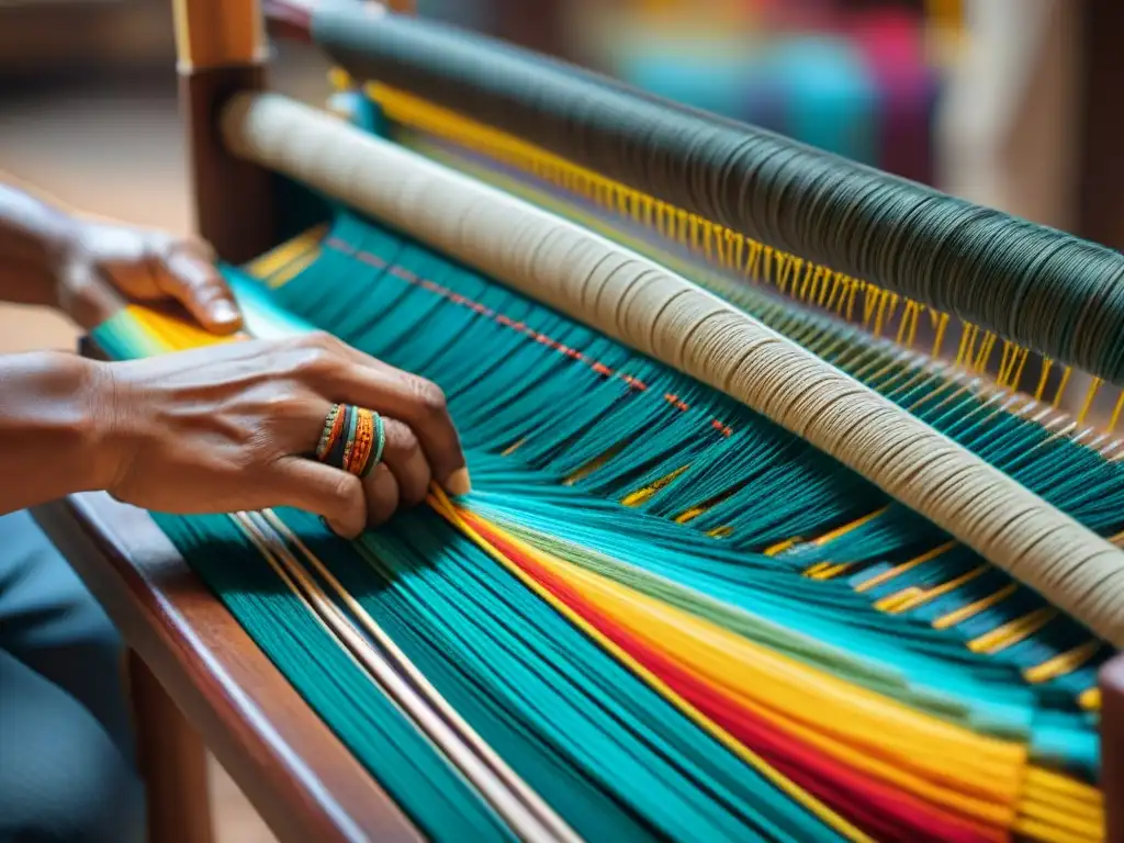Manos indígenas tejiendo en telar, deslumbrando con colores y patrones en arte indígena antiguo contemporáneo