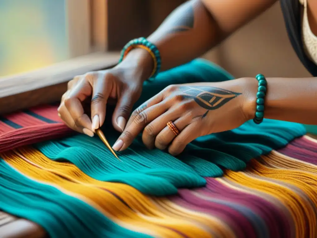 Arte ancestral: manos tejedoras de historias en vibrante textil Manos indígenas tejiendo con destreza hilos coloridos en textil vibrante, enriqueciendo la tradición artesanal