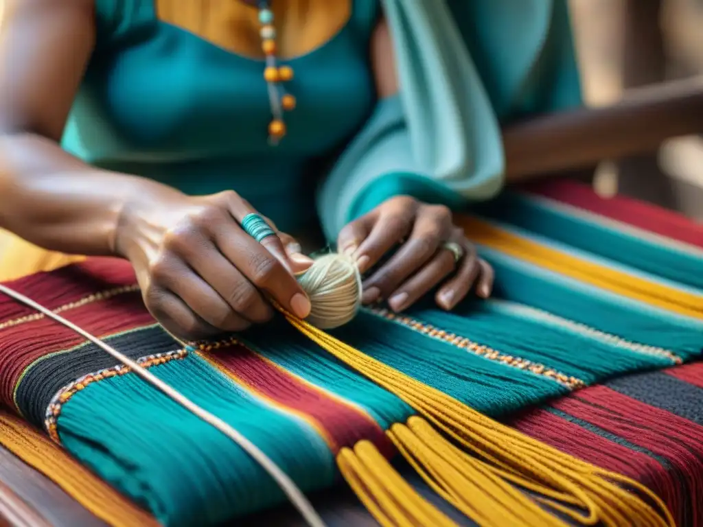 Artesano indígena tejiendo patrón tradicional con maestría y color Manos indígenas tejiendo con destreza, resaltando la importancia de textiles en movimientos sociales indígenas