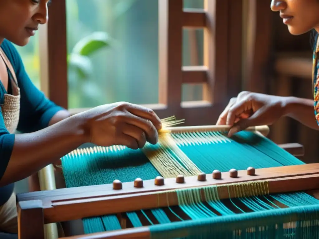 Manos indígenas tejiendo con destreza en telar tradicional, fusionando tejidos indígenas con innovación y tradición