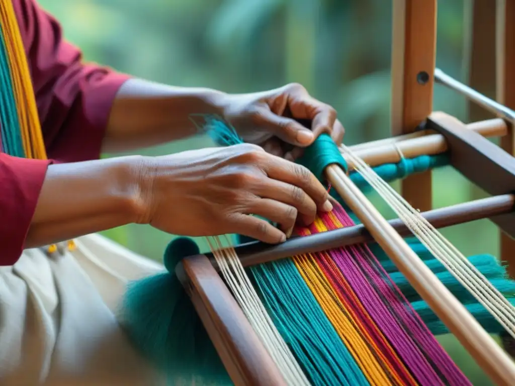 Manos indígenas tejen con detalle mágico creencias textiles indígenas en telar de madera