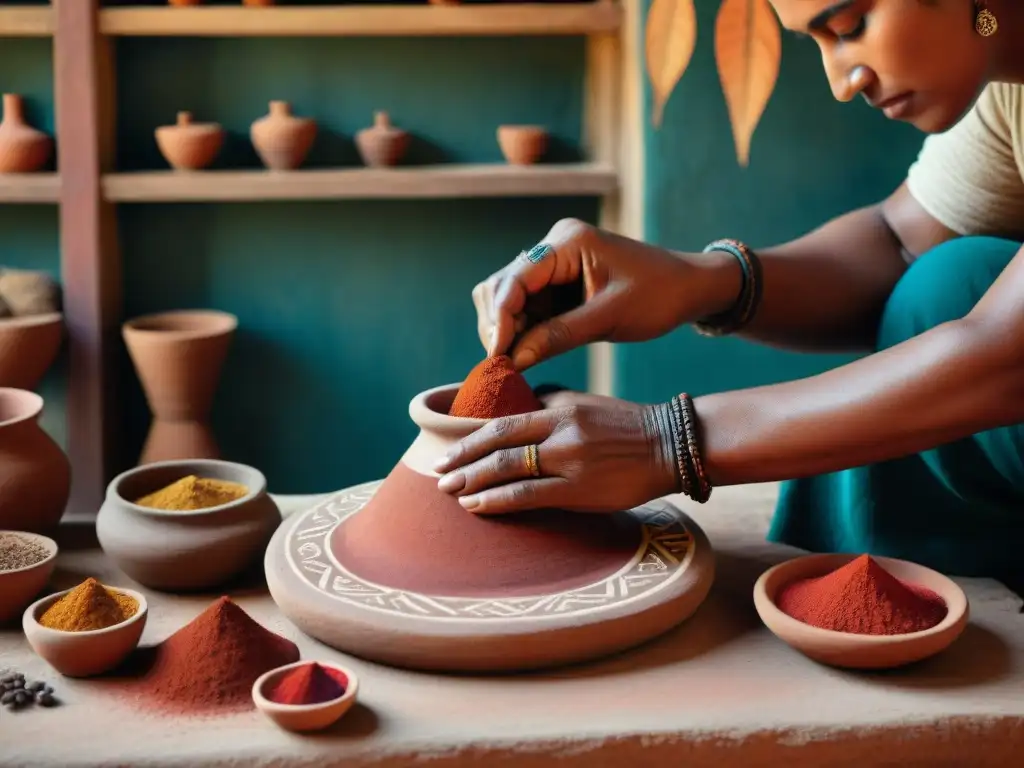 Manos indígenas expertas moliendo piedras rojas en metate, creando pigmentos naturales