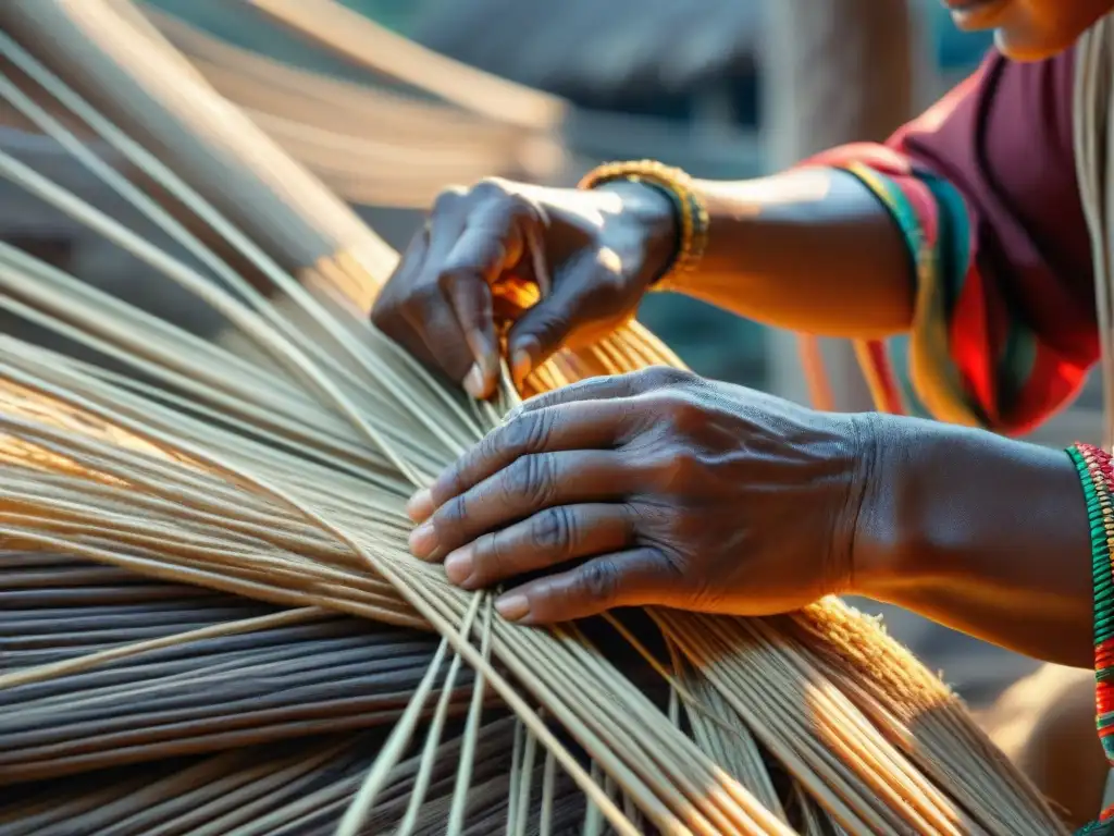 Manos indígenas tejiendo fibras naturales para construcción indígena materiales naturales