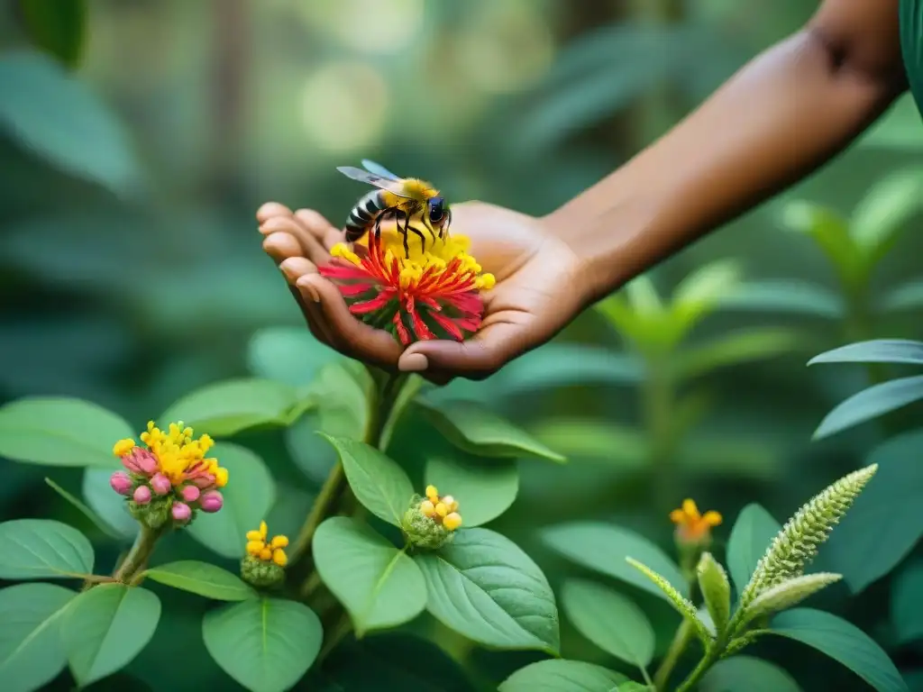 Manos indígenas cuidan flores en biodiverso bosque, resaltando la conservación biodiversidad culturas indígenas