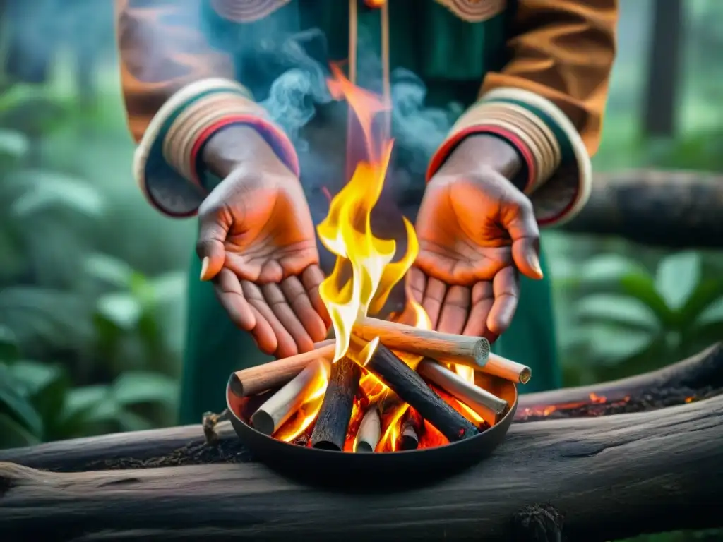 Manos indígenas encienden fuego en bosque verde, mostrando el uso tradicional del fuego para regeneración