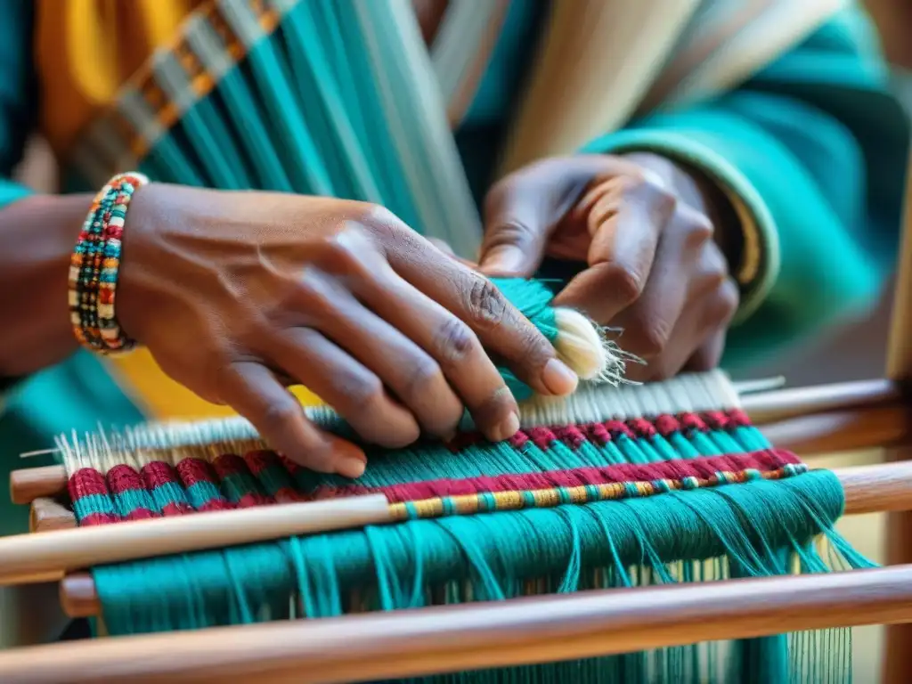 Artesano indígena tejiendo patrón tradicional con hilos vibrantes Manos indígenas hábiles tejen patrón tradicional en telar