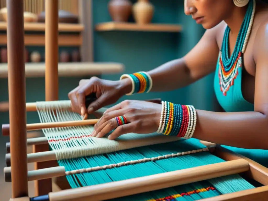 Manos indígenas habilidosas tejiendo en telar madera, con artesanías y cultura