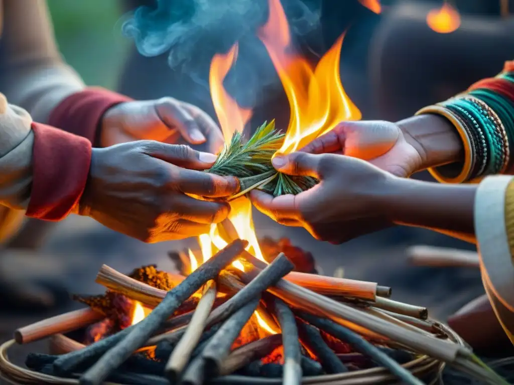 Manos indígenas tejiendo hierbas y ramas frente a un fuego vibrante en un ritual de sanación con fuego