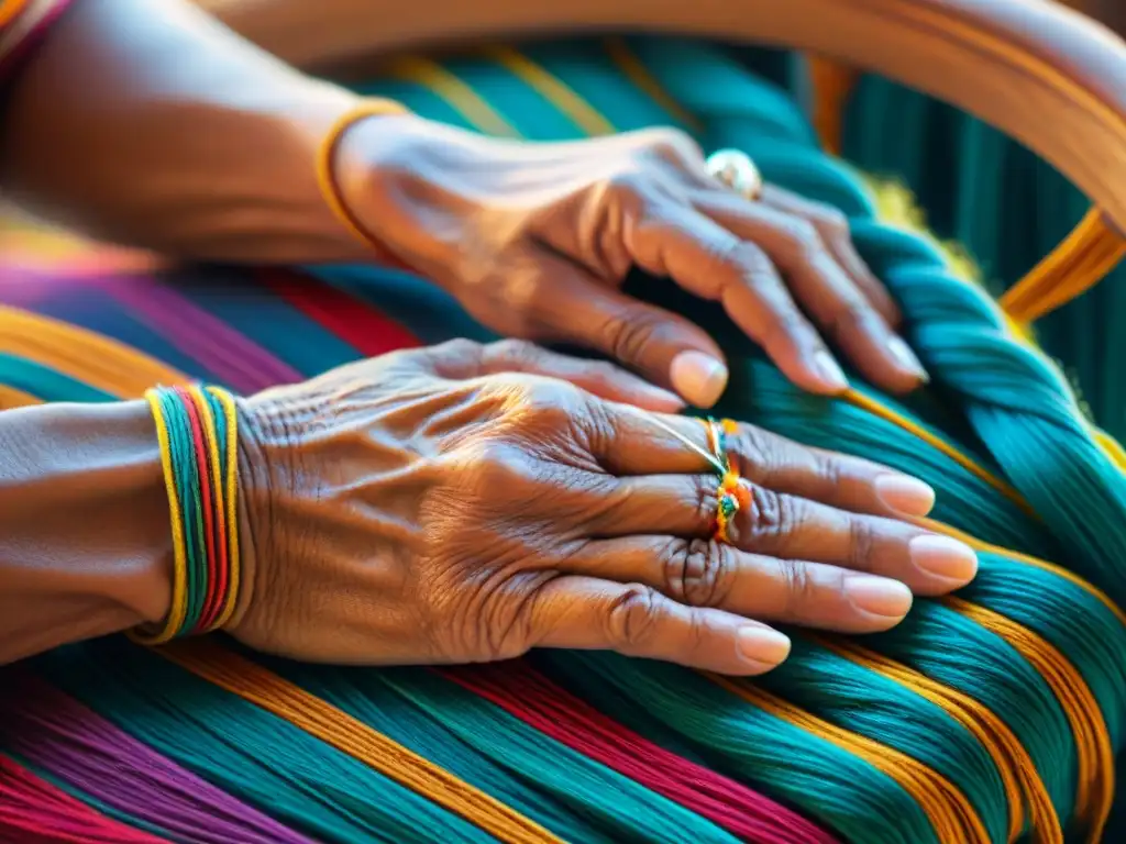 Manos indígenas tejendo hilos coloridos en una artesanía tradicional, reflejando autenticidad y destreza en la artesanía indígena en línea