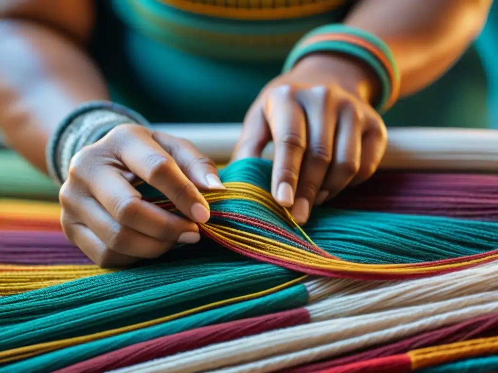 Manos indígenas tejiendo hilos en un patrón tradicional, destacando la terapia con arte indígena