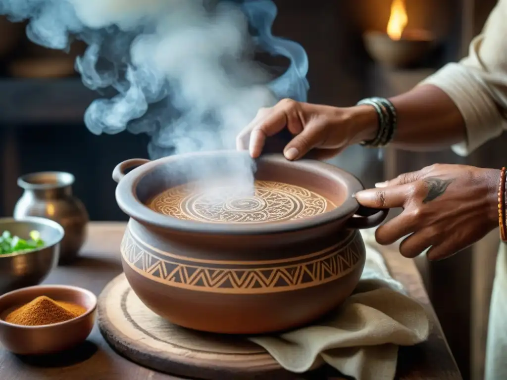 Manos indígenas sostienen una olla de ayote en miel, en cocina rústica