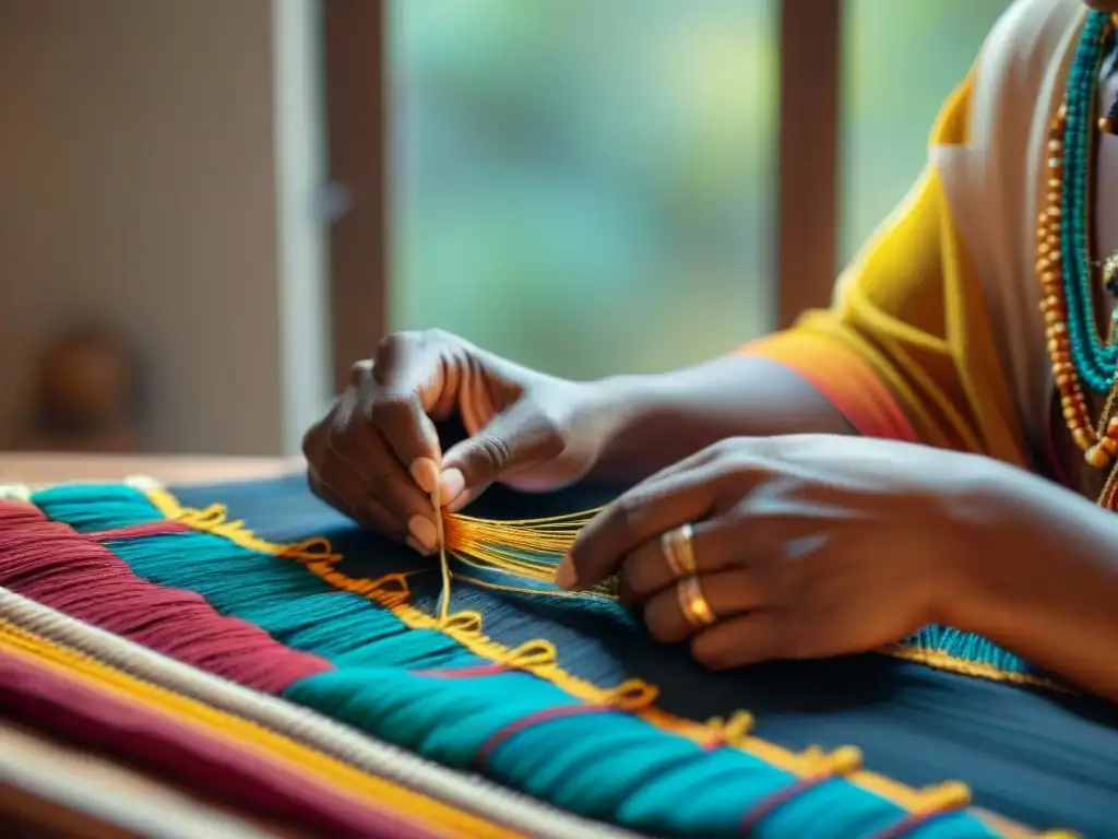 Manos indígenas tejiendo patrones tradicionales en tapiz colorido, iluminadas por luz natural