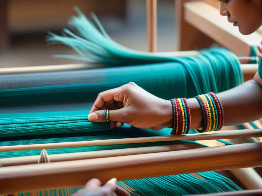 Manos indígenas tejen patrones vibrantes en un taller de tejido con técnicas indígenas