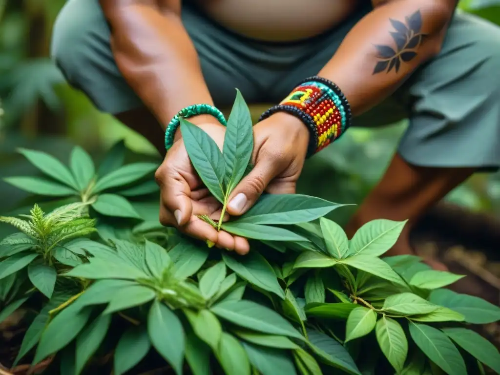 Manos indígenas recolectando plantas medicinales en la selva