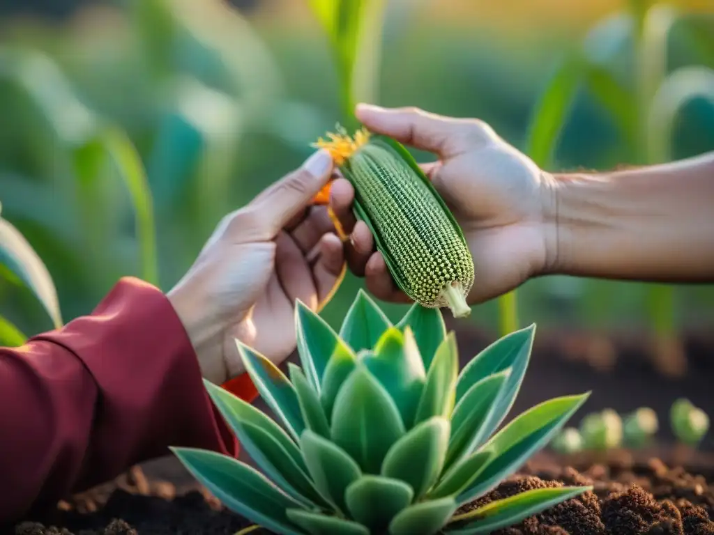 Manos indígenas rescatando semillas en campo biodiverso